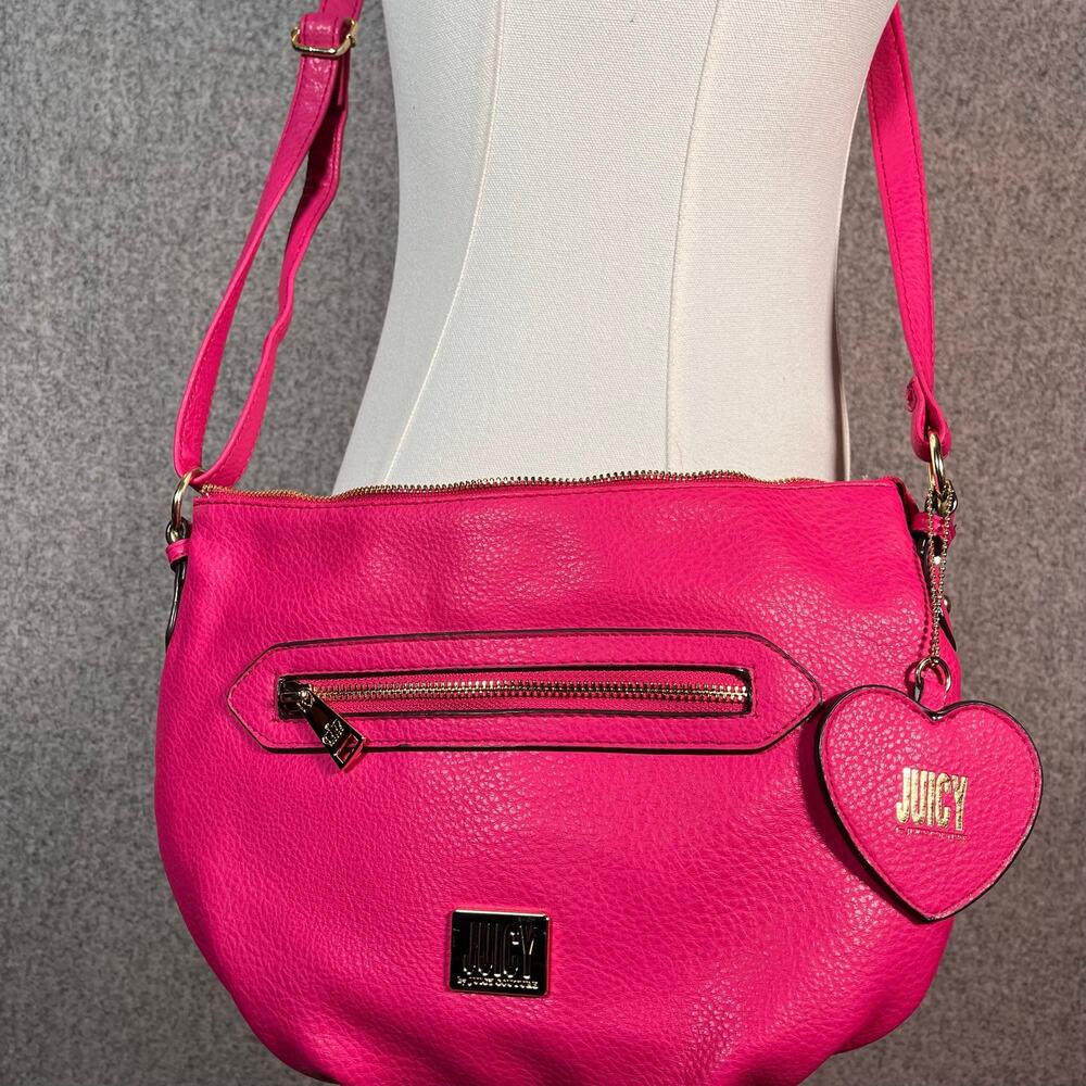 Women's JUICY Hot Pink Faux Leather Crossbody Purse Gold Hardware & Heart Charm